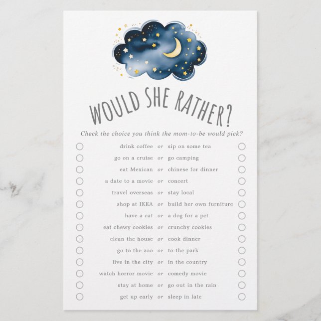Moon and Stars Would She Rather Trivia Game  Flyer (Front)