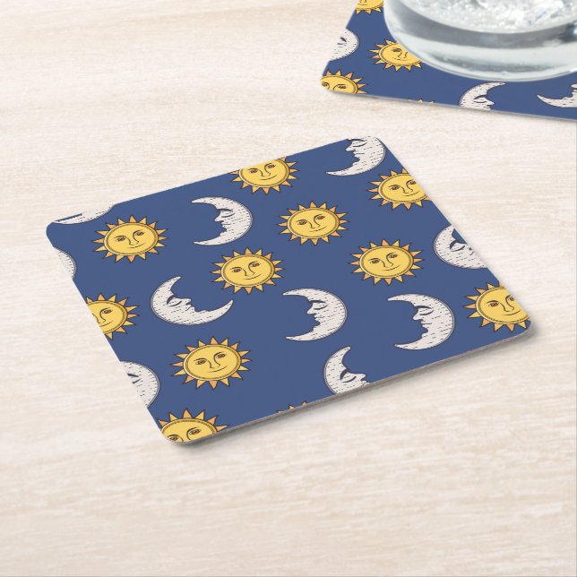 Moon and Sun Square Paper Coaster (Angled)