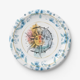 Moon and sun. Vintage style illustration. Blue Paper Plates