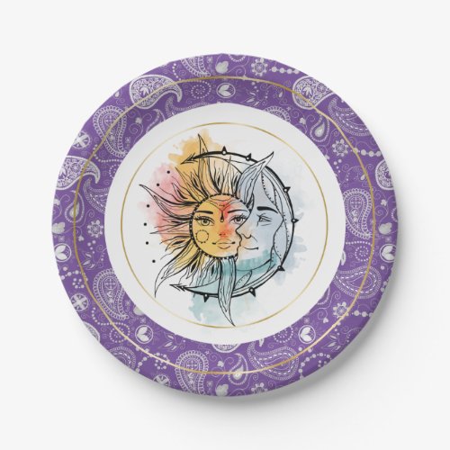 Moon and sun Vintage style illustration Violet Paper Plates