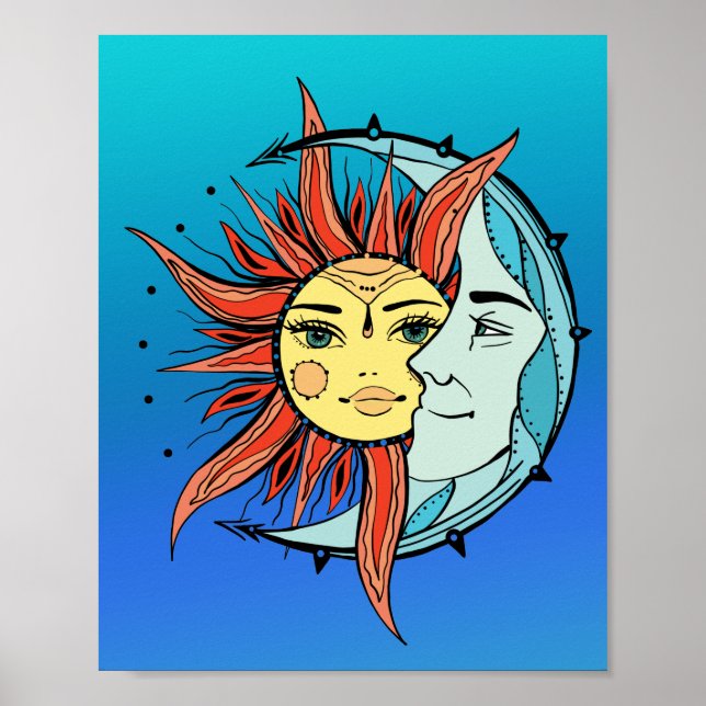 Moon and sun. Vintage style tattoo illustration Poster (Front)