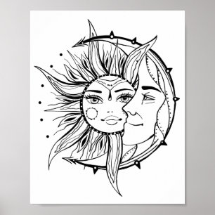 Moon and sun. Vintage style tattoo illustration Poster