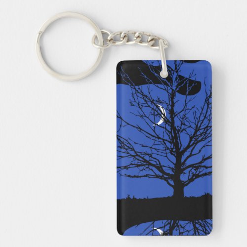 Moon and Tree Cobalt Blue Black  White Keychain