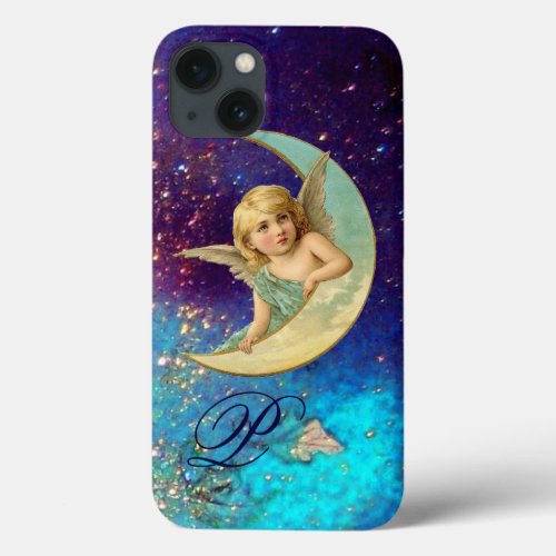 MOON ANGEL IN BLUE GOLD SPARKLES Monogram iPhone 13 Case