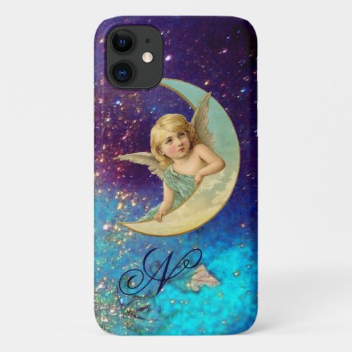 MOON ANGEL IN BLUE GOLD SPARKLES Monogram iPhone 11 Case