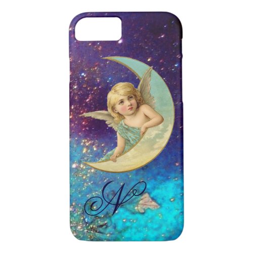 MOON ANGEL IN BLUE GOLD SPARKLES Monogram iPhone 87 Case