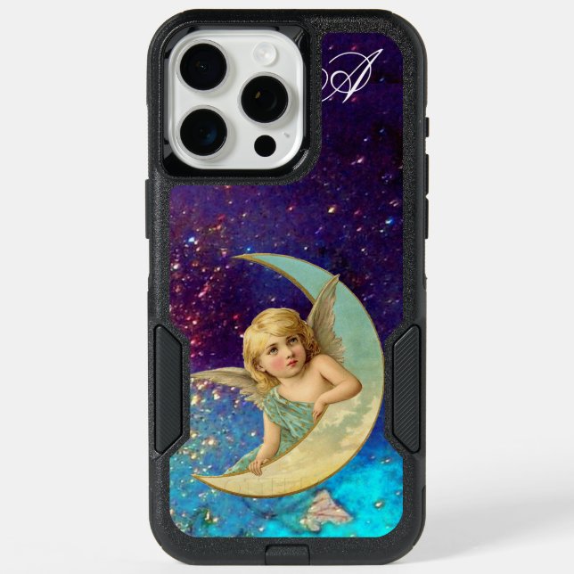 MOON ANGEL IN BLUE GOLD SPARKLES Monogram iPhone 15 Pro Max Case (Back)