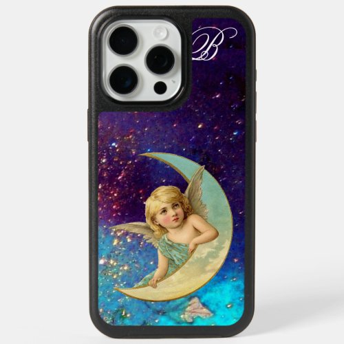 MOON ANGEL IN BLUE GOLD SPARKLES Monogram iPhone 15 Pro Max Case