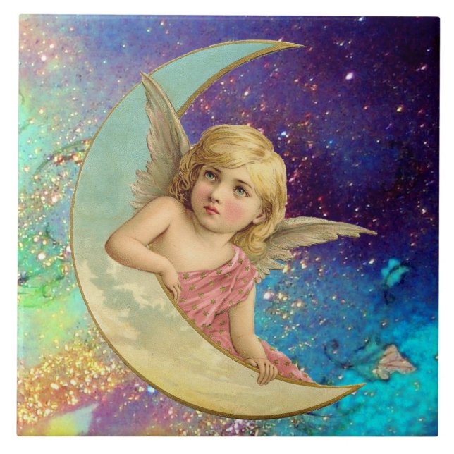 MOON ANGEL IN BLUE GOLD YELLOW SPARKLES CERAMIC TILE (Front)