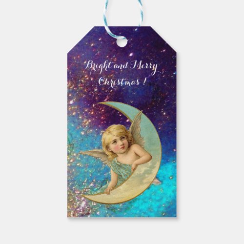 MOON ANGEL IN BLUE GOLD YELLOW SPARKLES GIFT TAGS