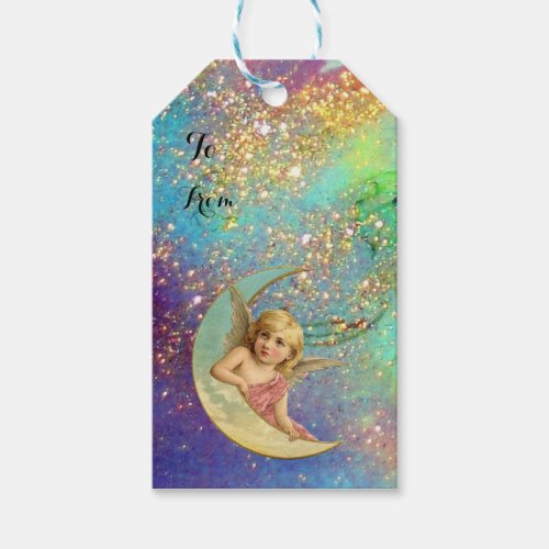 MOON ANGEL IN BLUE GOLD YELLOW SPARKLES GIFT TAGS