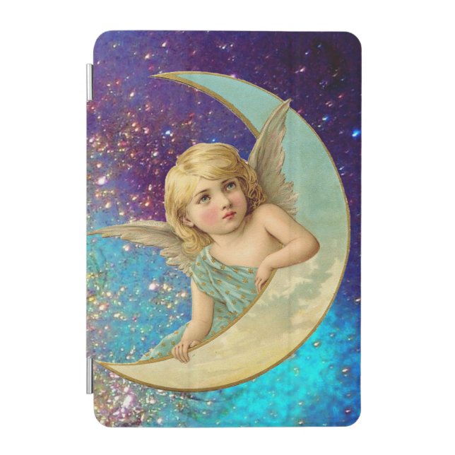 MOON ANGEL IN BLUE GOLD YELLOW SPARKLES iPad MINI COVER (Front)