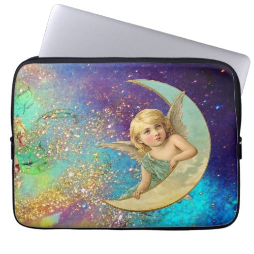 MOON ANGEL IN BLUE GOLD YELLOW SPARKLES LAPTOP SLEEVE