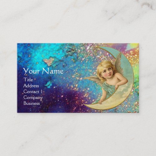 MOON ANGEL IN BLUE GOLD YELLOW SPARKLES MONOGRAM BUSINESS CARD