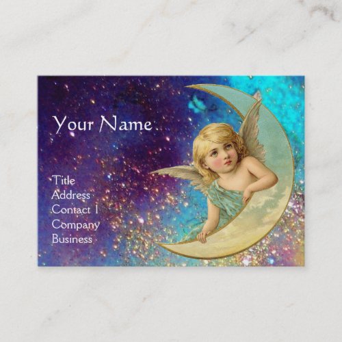 MOON ANGEL IN BLUE GOLD YELLOW SPARKLES MONOGRAM BUSINESS CARD