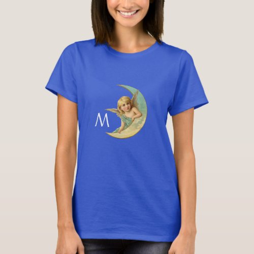 MOON ANGEL IN BLUE GOLD YELLOW SPARKLES MONOGRAM T_Shirt