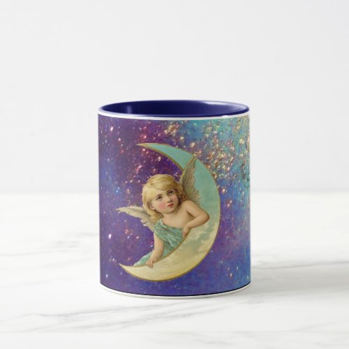 MOON ANGEL IN BLUE GOLD YELLOW SPARKLES MUG