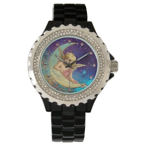 MOON ANGEL IN BLUE GOLD YELLOW SPARKLES WATCH