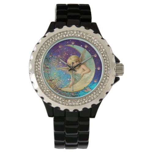 MOON ANGEL IN BLUE GOLD YELLOW SPARKLES WATCH