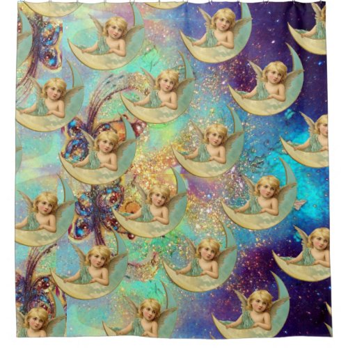 MOON ANGEL IN BLUE GOLD YELLOW SPARKLES WRAPPING P SHOWER CURTAIN