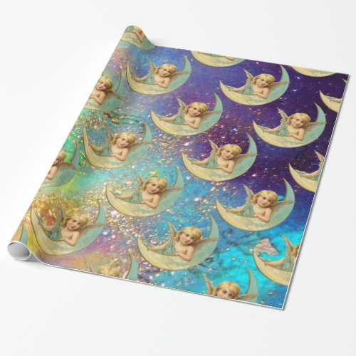 MOON ANGEL IN BLUE GOLD YELLOW SPARKLES WRAPPING PAPER