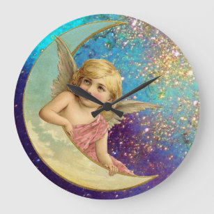 MOON ANGEL IN GOLD BLUE SPARKLES LARGE CLOCK