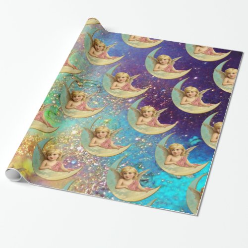 MOON ANGEL IN PINK BLUE GOLD YELLOW SPARKLES WRAPPING PAPER