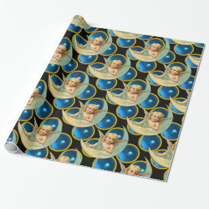 MOON ANGEL WITH BRIGHT BLUE SAPPHIRE GEM STONES WRAPPING PAPER
