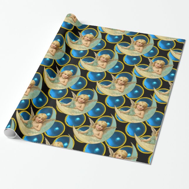 MOON ANGEL  WITH BRIGHT BLUE SAPPHIRE GEM STONES WRAPPING PAPER (Unrolled)