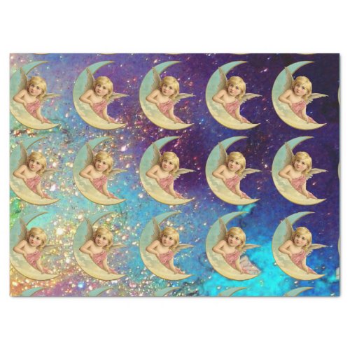 MOON ANGELS IN BLUE GOLD YELLOW SPARKLES TISSUE PAPER