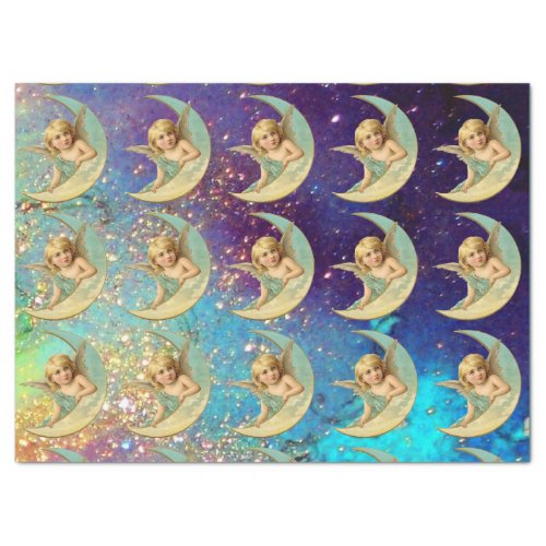 MOON ANGELS IN BLUE GOLD YELLOW SPARKLES TISSUE PAPER