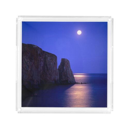 Moon At Dusk  Perce Rock Gaspe Coast Quebec Acrylic Tray