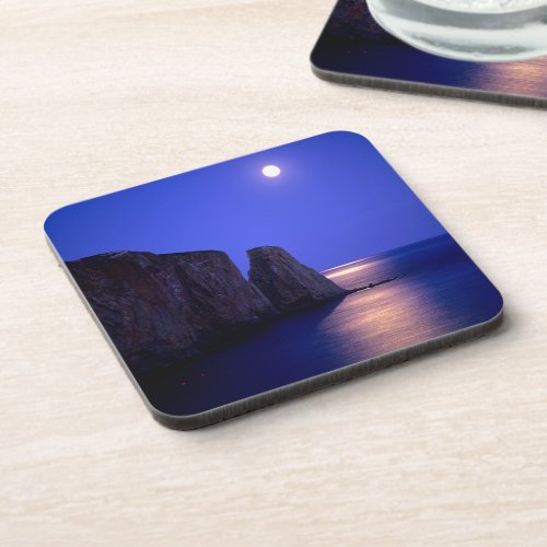 Moon At Dusk  Perce Rock Gaspe Coast Quebec Beverage Coaster