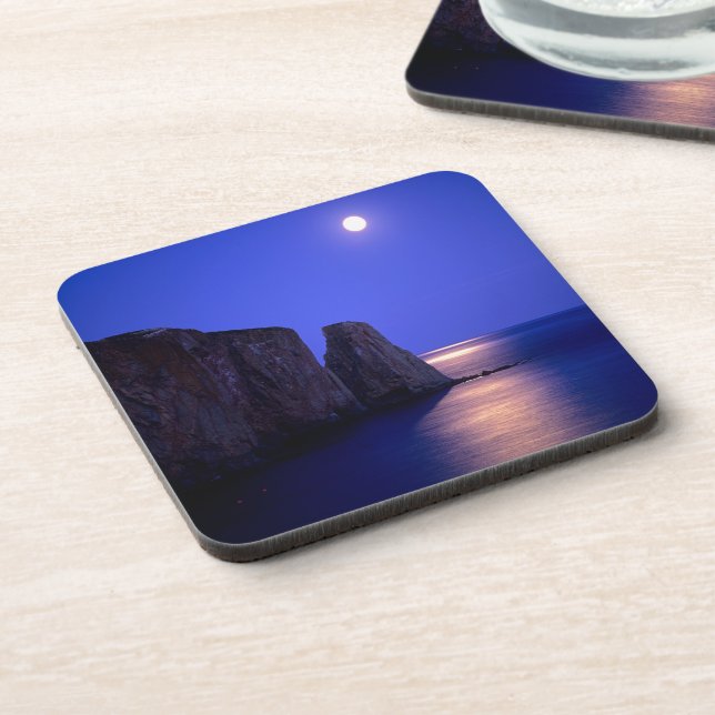 Moon At Dusk | Perce Rock Gaspe Coast Quebec Beverage Coaster (Left Side)
