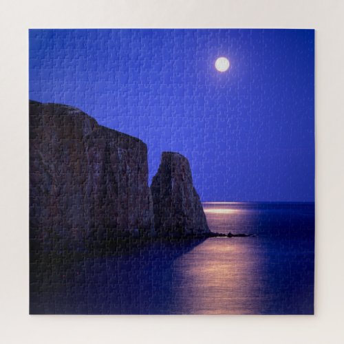 Moon At Dusk  Perce Rock Gaspe Coast Quebec Jigsaw Puzzle
