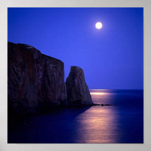 Moon At Dusk   Perce Rock Gaspe Coast Quebec Poster