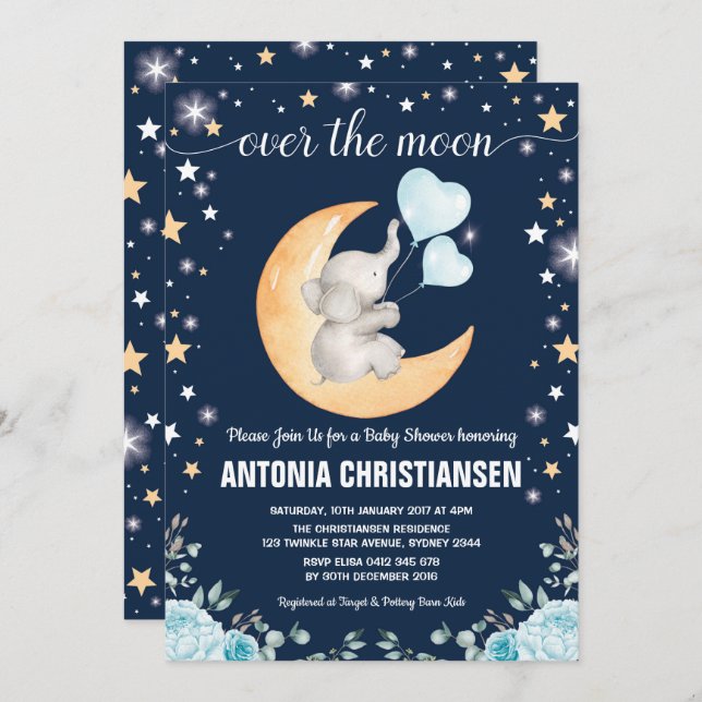 Moon Baby Shower / Twinkle Star Elephant Baby Boy Invitation (Front/Back)