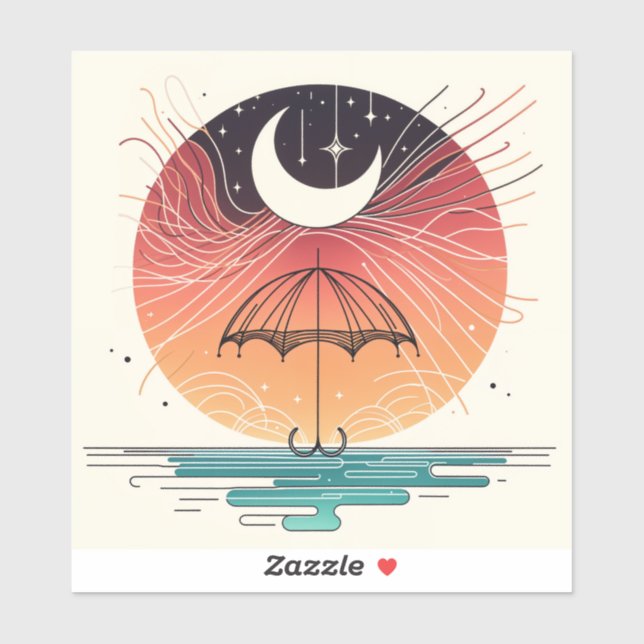 Moon Balancing Rainfall in Boho Line Art Sticker (Sheet)