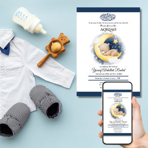 Moon Bear Sleeping Baby Boy Muslim Aqiqah Aqeeqa Invitation