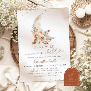 Moon Beige Boho Floral Girl Baby Shower Invitation