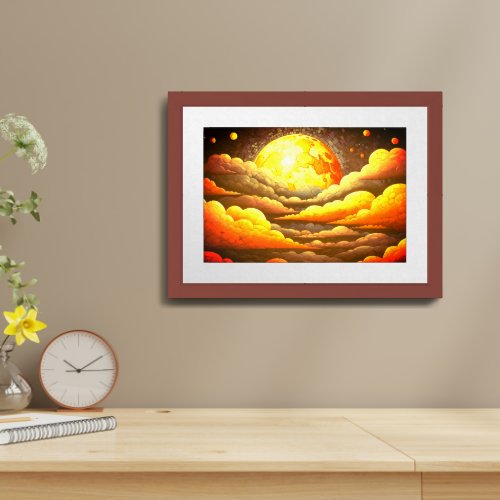 Moon Between Clouds Framed Poster with Border