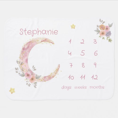 Moon Boho Flowers Milestone Watercolor Baby Girl  Baby Blanket