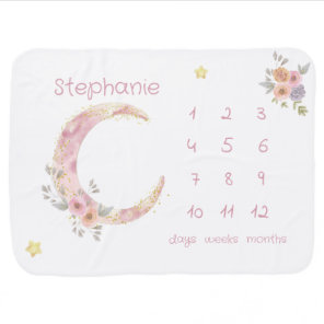Moon Boho Flowers Milestone Watercolor Baby Girl Blanket