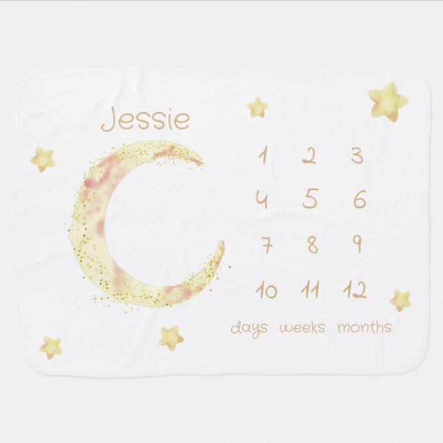 Moon Boho Stars Milestone Watercolor Baby Girl Baby Blanket (Horizontal)
