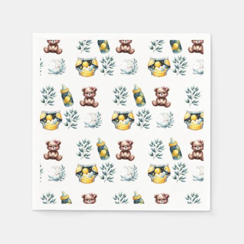 Moon Bottle and Teddy Bear Diaper Party Pattern Napkins