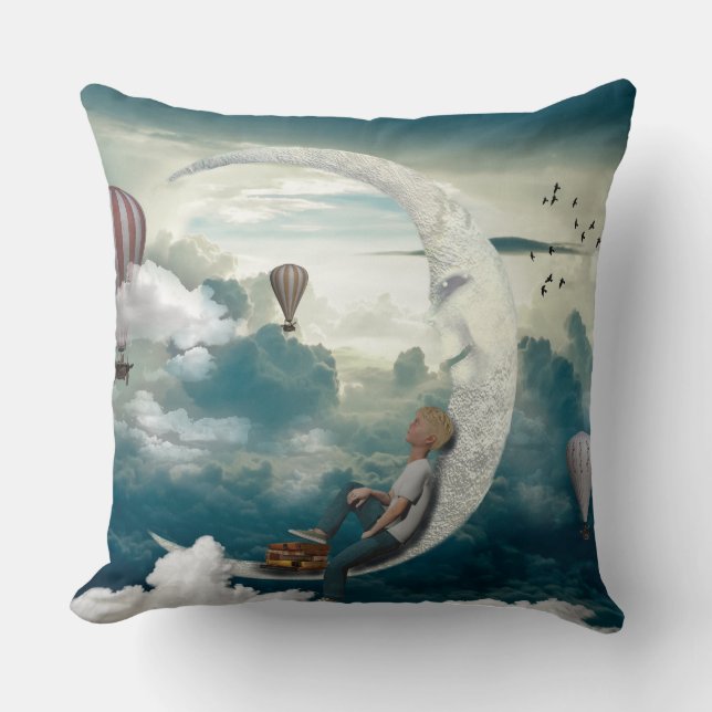 Moon Boy Air Balloons Fantasy Art Throw Pillow (Front)