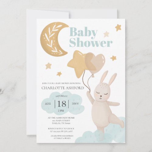 Moon Bunny Balloons Neutral Baby Shower Invitation