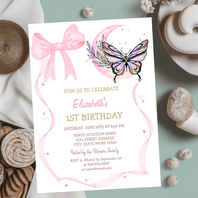 Moon Butterfly Bow Striped Birthday Invitation (Creator Uploaded)