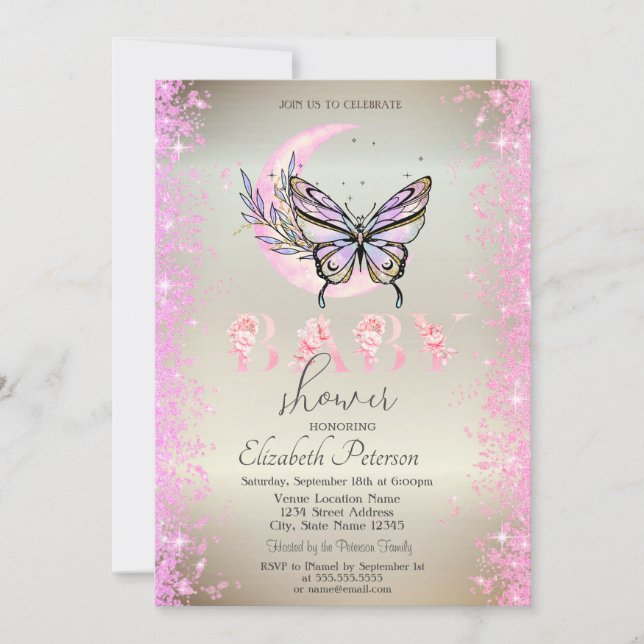 Moon Butterfly Glitter Confetti  Baby Shower Invitation (Front)