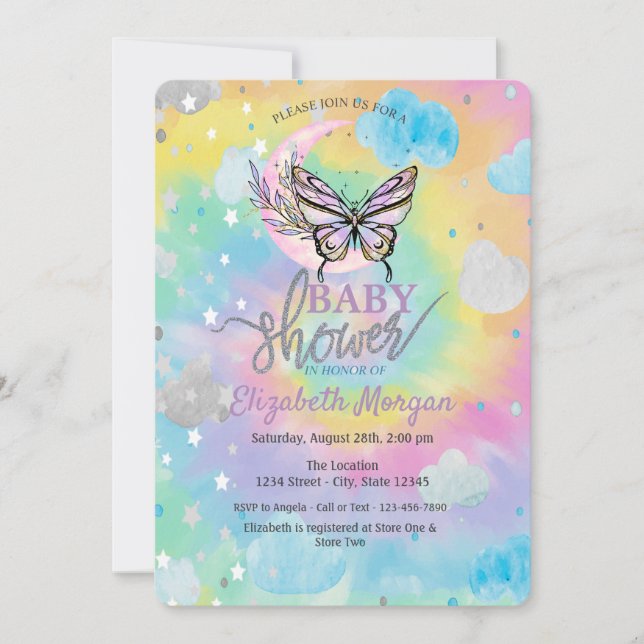 Moon Butterfly Stars & Clouds Tie Dye Baby Shower  Invitation (Front)